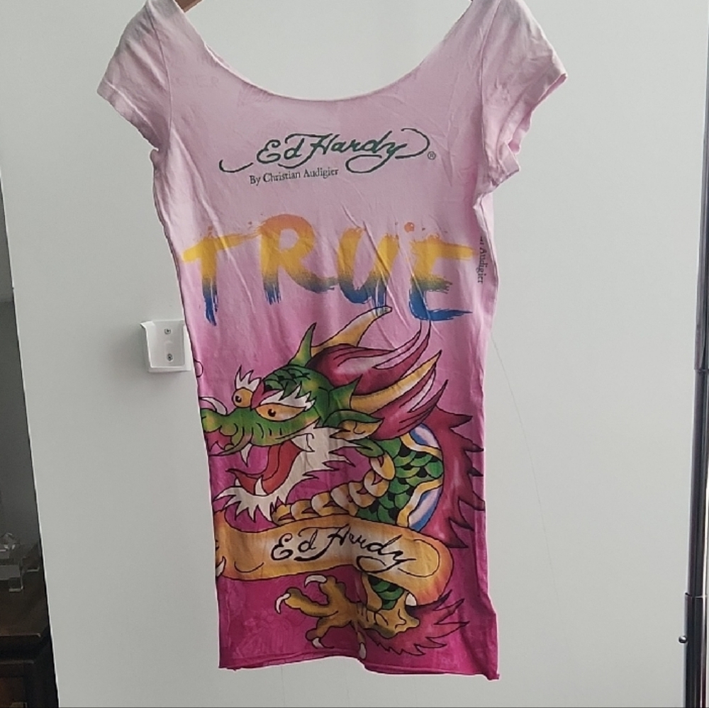 Ed Hardy Pink Tee with Dragon and Bold Graphic